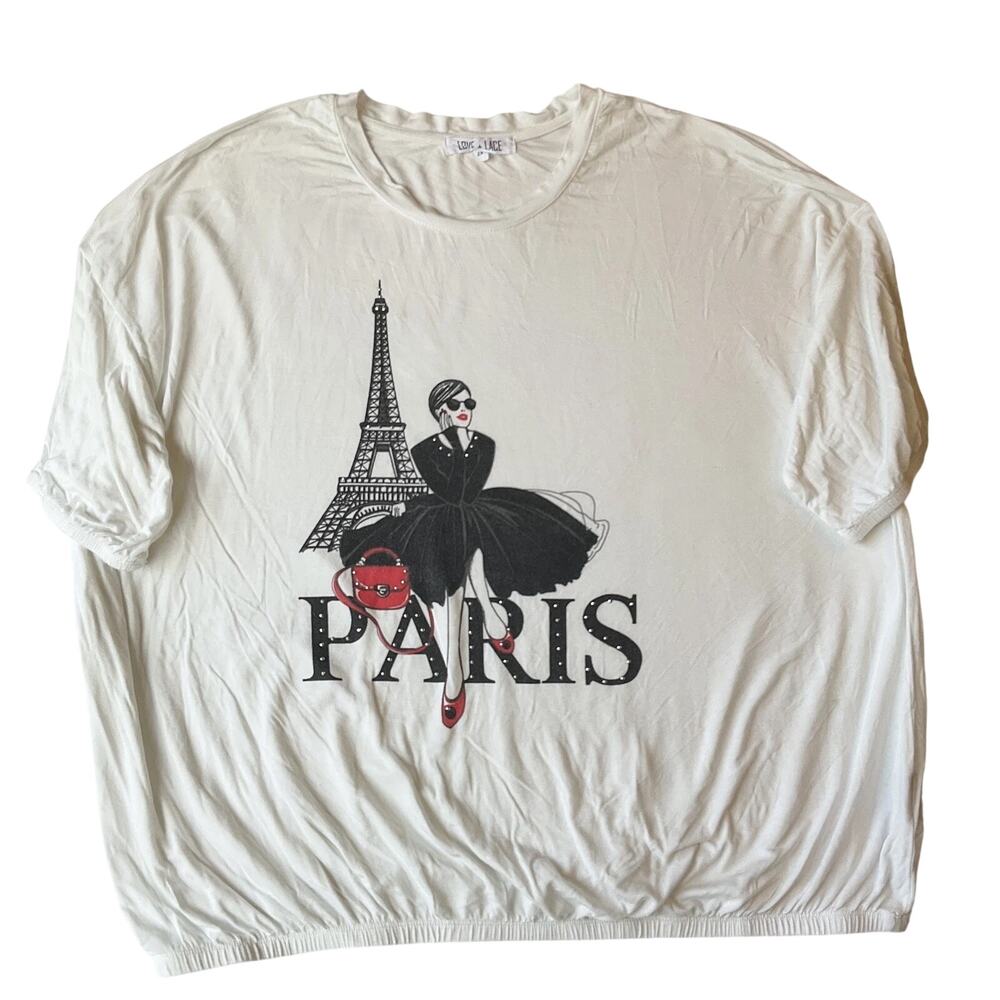 LOVE + LACE Women Shirt 2X White Graphic Print Crew Neck Pullover Paris Lady